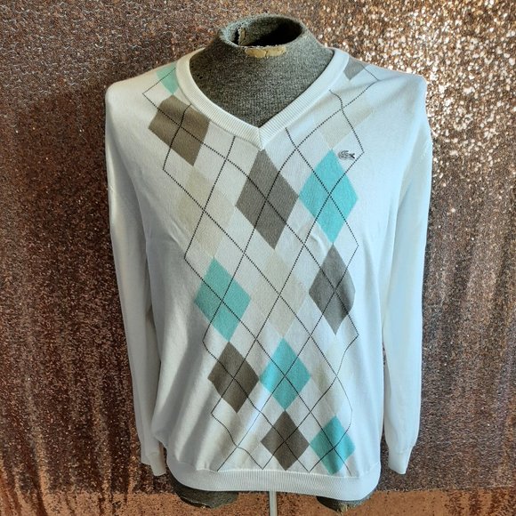 Lacoste Men's White Geometric Pattern Cotton V-Neck Sweater Size 6 -XL - Picture 1 of 10